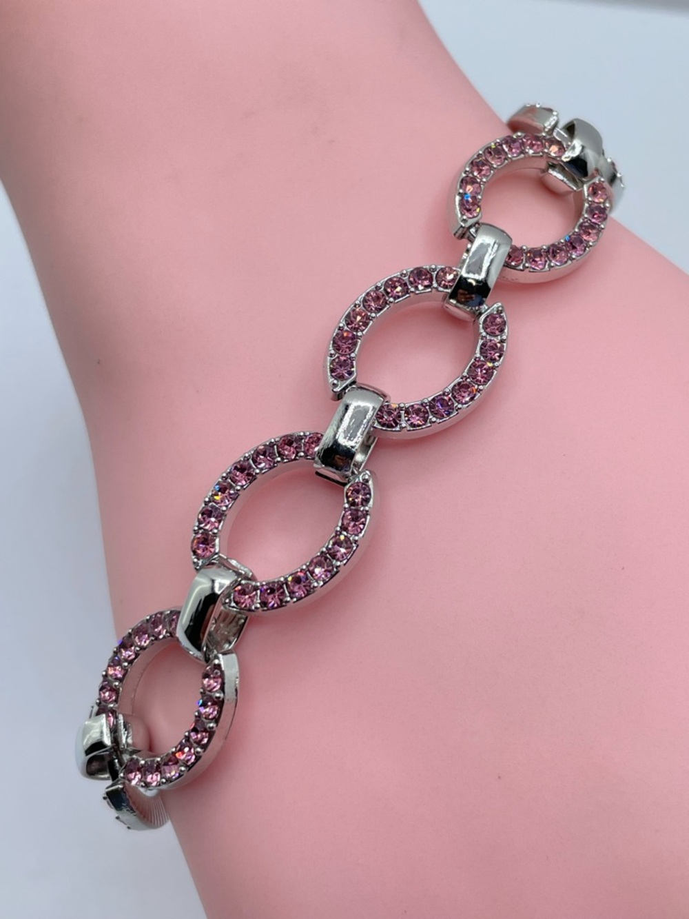 Silver Tone Pink Crystal Rhinestone Circle Link Bracelet Statement Glam